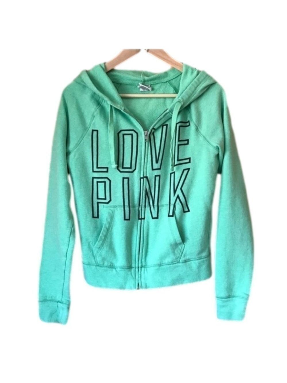 Vintage Victoria’s Secret PINK Mint Green  Zip Hoodie Love Pink Graphic Size XS